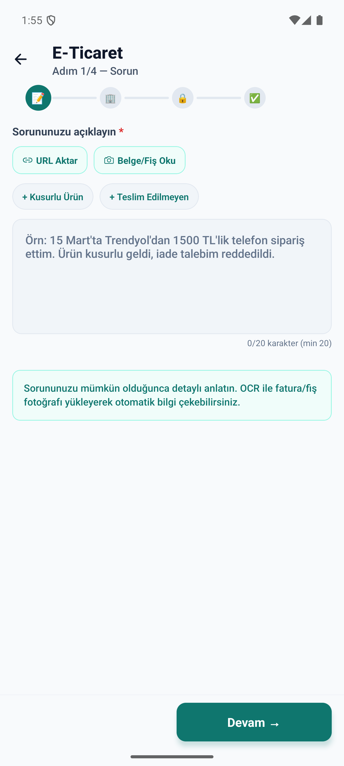 Haklıyım uygulamasında sorun anlatımı ekranı